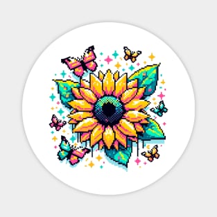 Digital Sunflower Art - Pixelated Nature and Butterfly Design Magnet